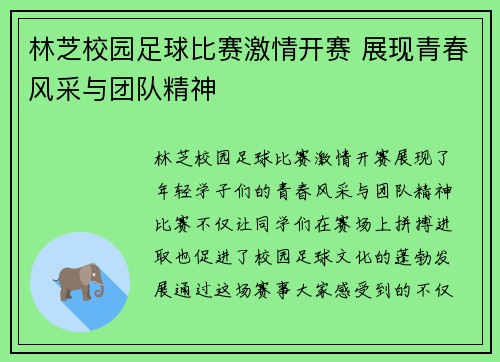 林芝校园足球比赛激情开赛 展现青春风采与团队精神